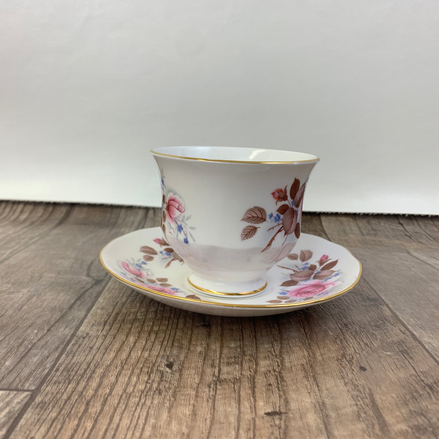 Pink and Blue Floral Teacup, Queen Anne Vintage Tea Cup and Saucer Set