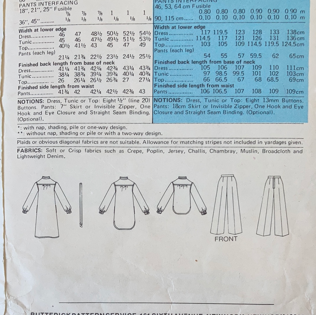 Ladies Tunic Dress Pants and Belt set Vintage Sewing Pattern Size 10 Butterick 5155