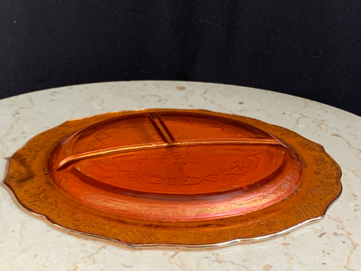 Amber Carnival Glass Bouquet and Lattice Grill Plate, Federal Glass Normandie Grill Plate, Pressed Glass Divided Dish