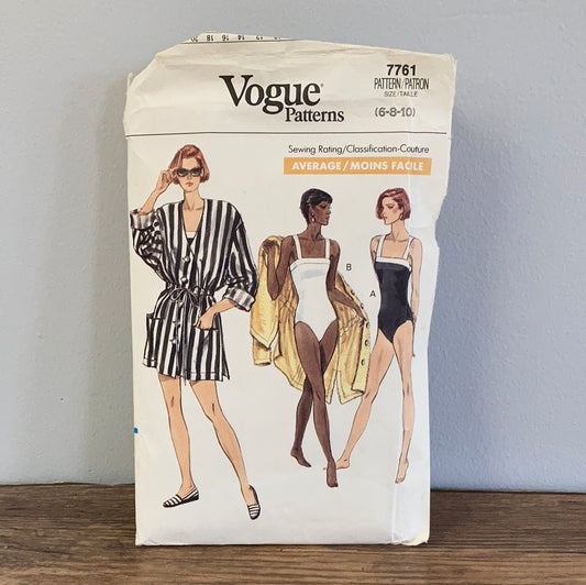 Vintage One Piece Bathing Suit and Coverup Misses and Misses Petite Cover Up and Swimsuit Sewing Pattern Size 6 to 10 Vogue 7761