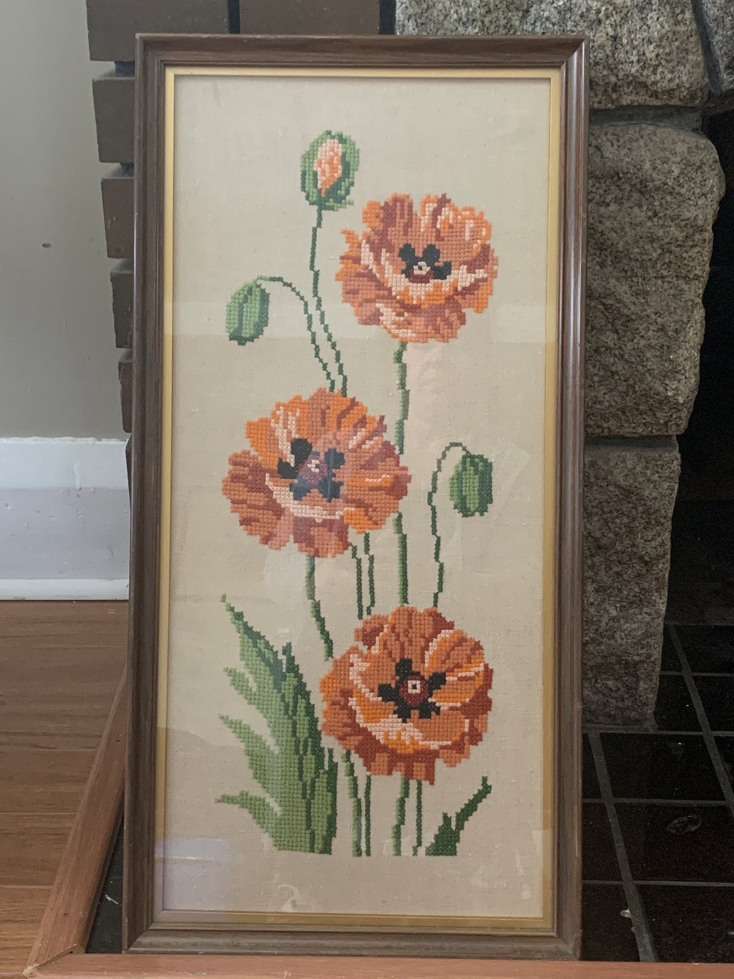 Vintage Framed Cross Stitch Poppy Wall Art Vintage Needlework Vintage Home Decor