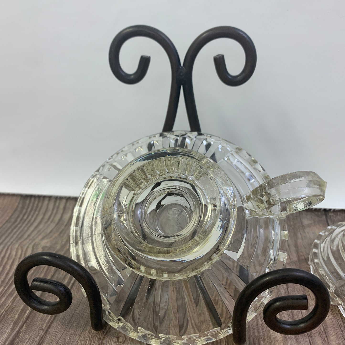 Clear Pressed Glass Candlestick Holder with Sawtooth Edge, Fingerloop Candle Holders