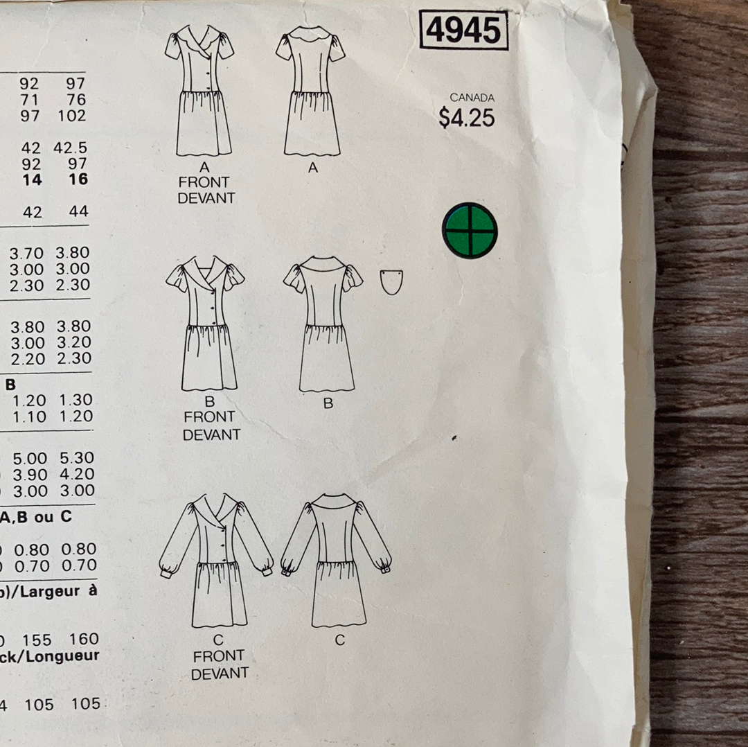 Ladies Knee Length Dress with Variations Sewing Pattern Size 12 Butterick 4945