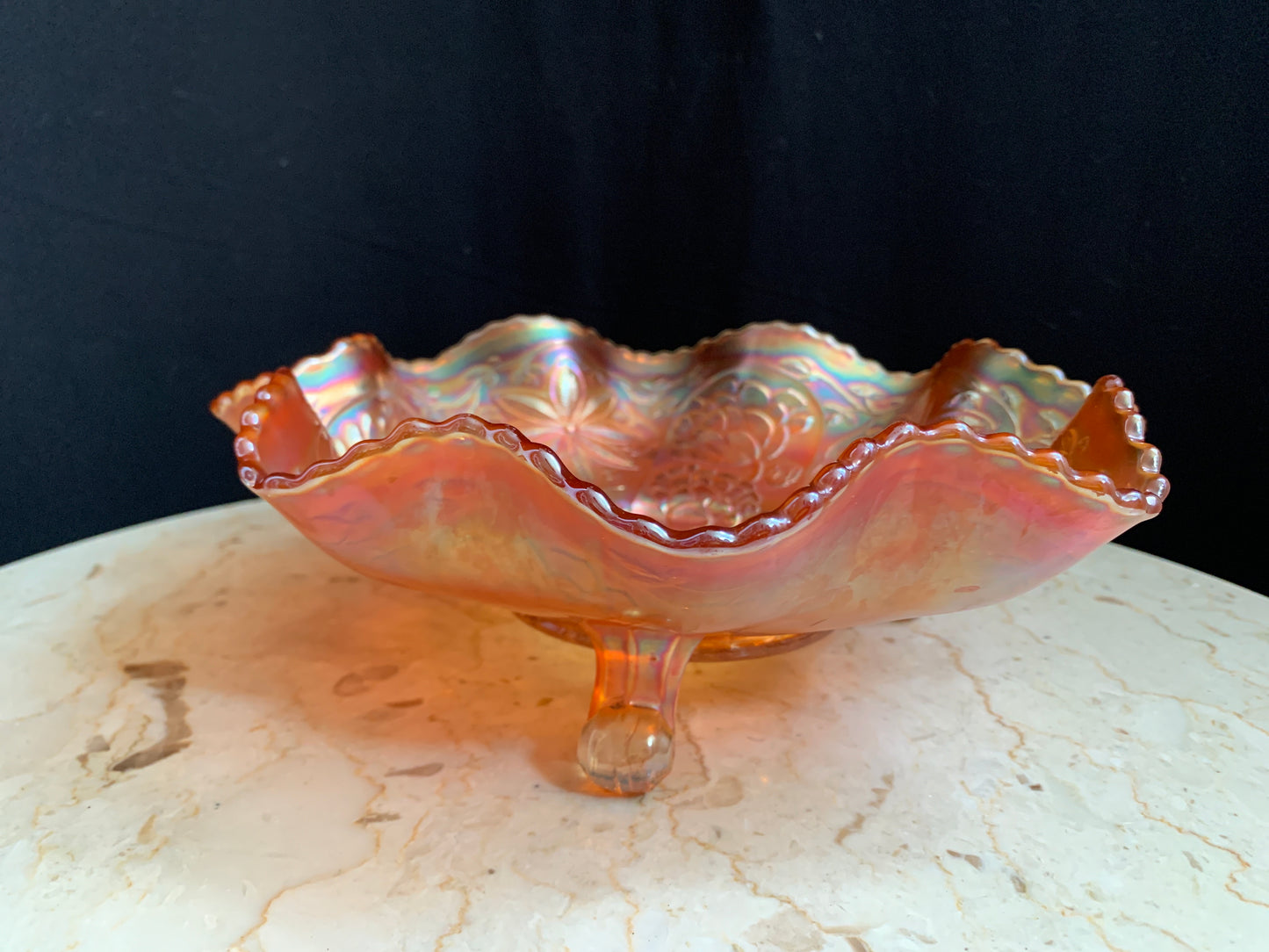 Fenton Carnival Glass Water Lily Poinsettia and Lotus footed dish