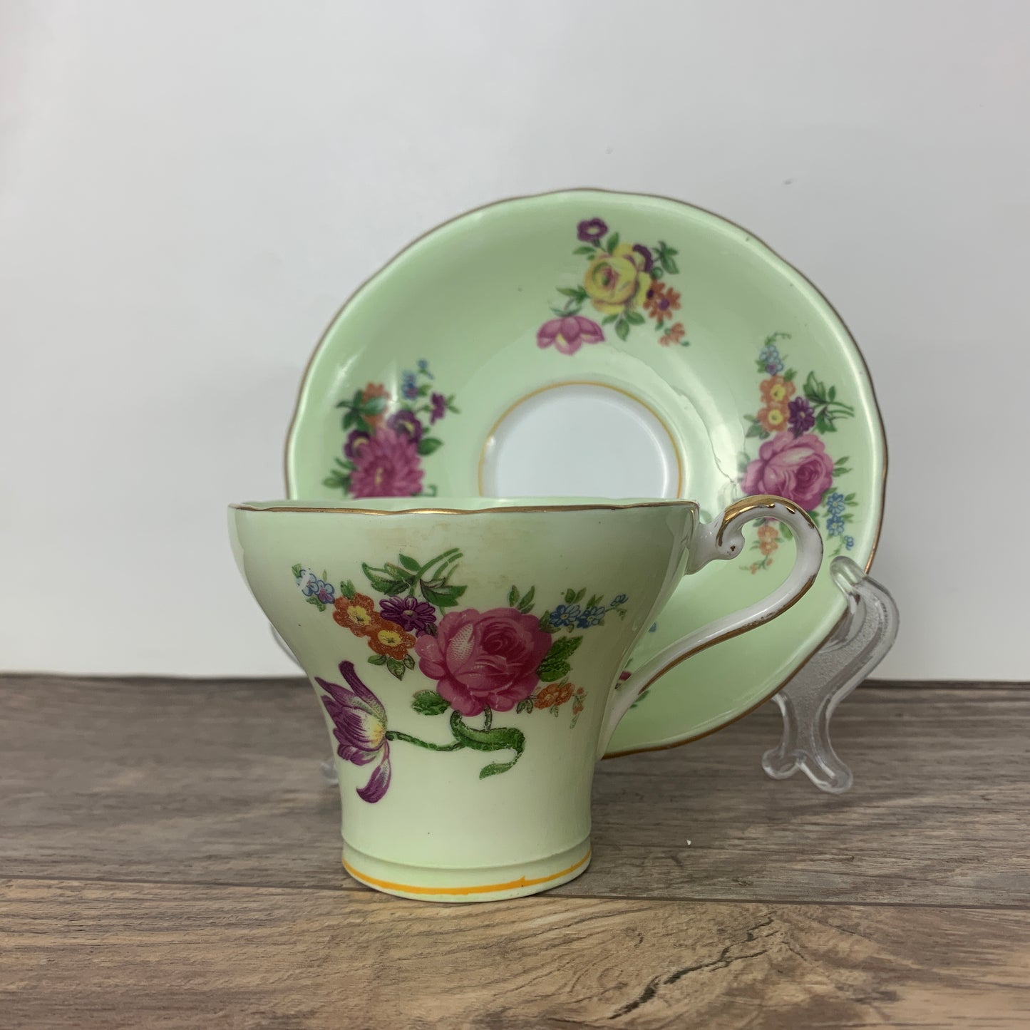 Vintage Green Floral Aynsley Teacup, Corset Shaped Teacup