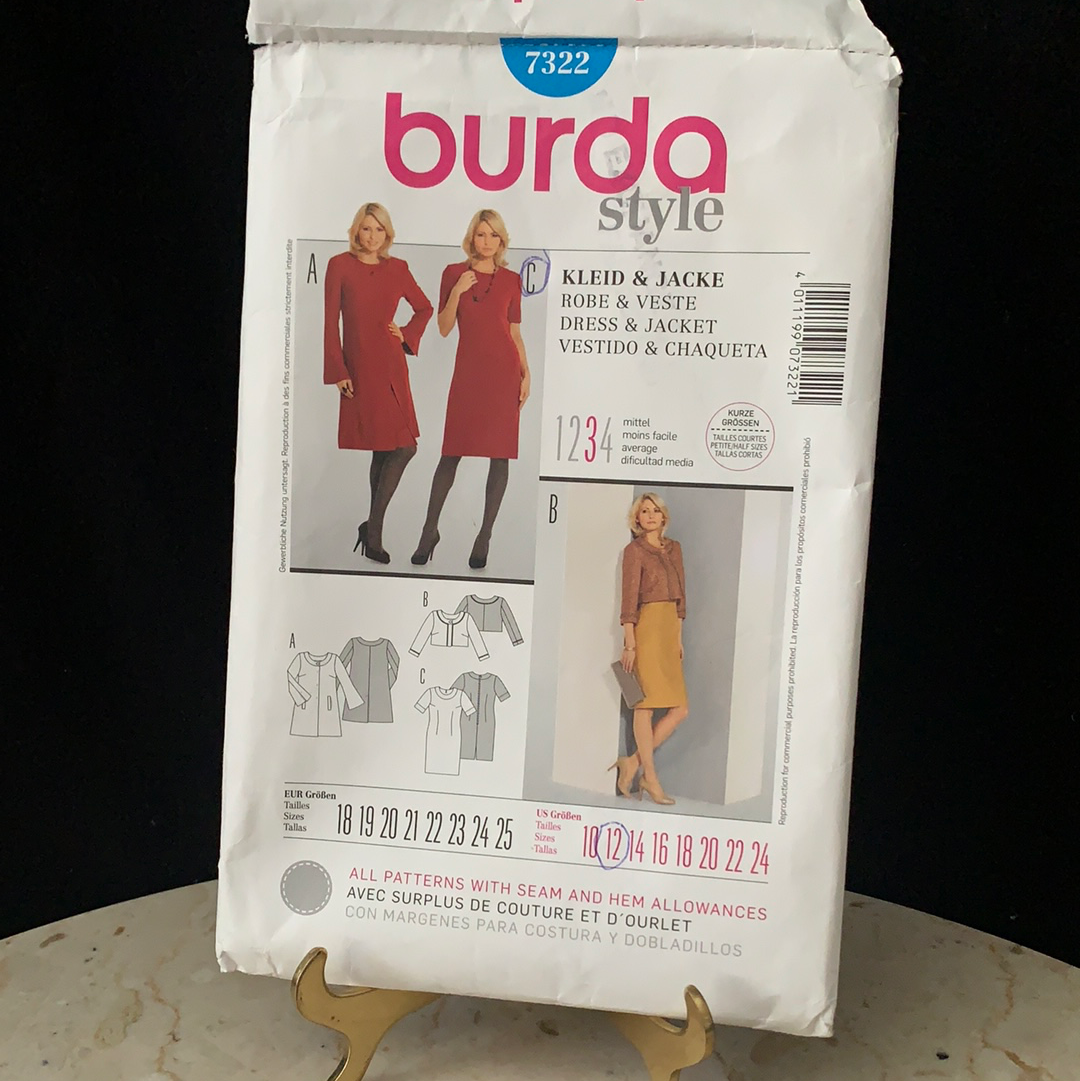Dress and Jacket Sewing Pattern Burda 7322 Long Flared Sleeve Dress Pattern or Short Sleeve Dress with