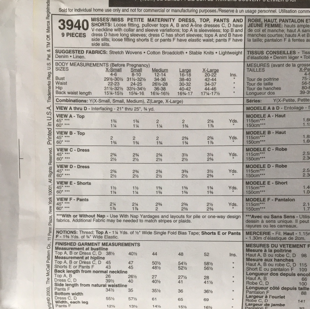 Maternity Top and Crop Pants Sewing Pattern MacCall's 3940. Size Lg-XL