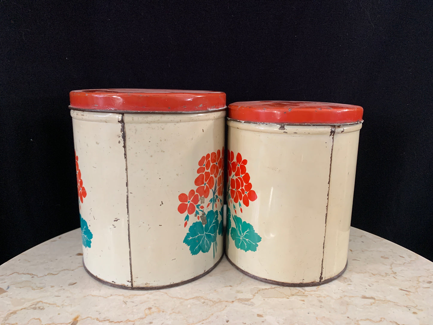 Vintage Tin Canister Set Yellow w/ Red Flowers Chippy Distressed Vintage Farmhouse Decor