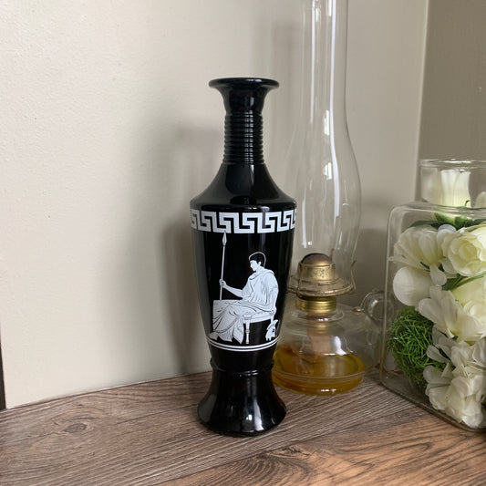 Vintage Black Milk Glass Bottle with Roman Appliqué