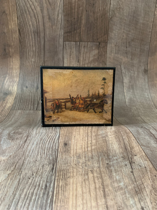 Vintage Wooden Stash Box Decoupage Rustic Storage Horse and Wagon Vintage Farmhouse