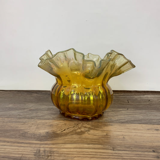 Vintage Carnival Glass Bowl with Crimped Rim, Amber Glass Ruffle Bowl