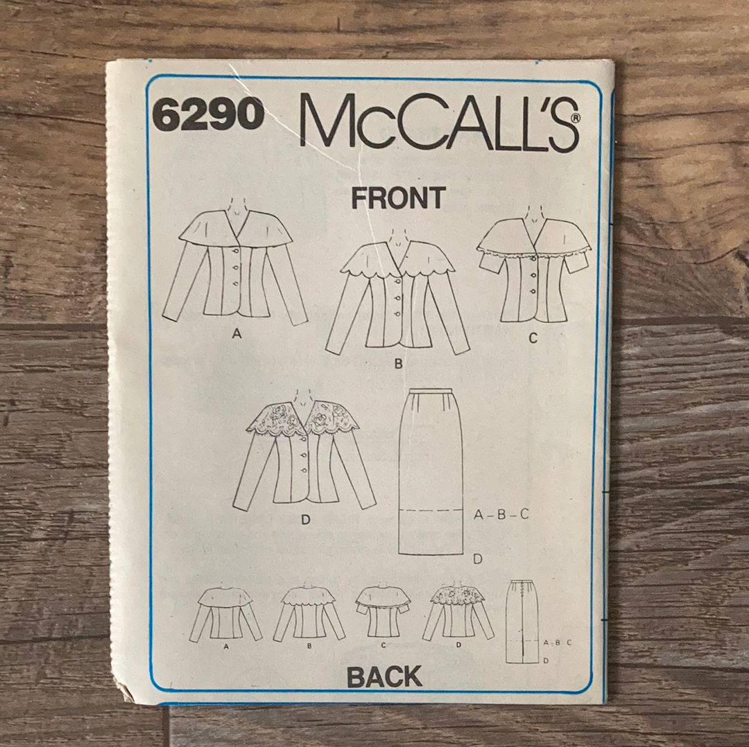 Misses Two Piece Suit Dress with Cape Collar and Shoulder Pads 1990s Sewing Pattern Size 4 to 8 McCall's 6290