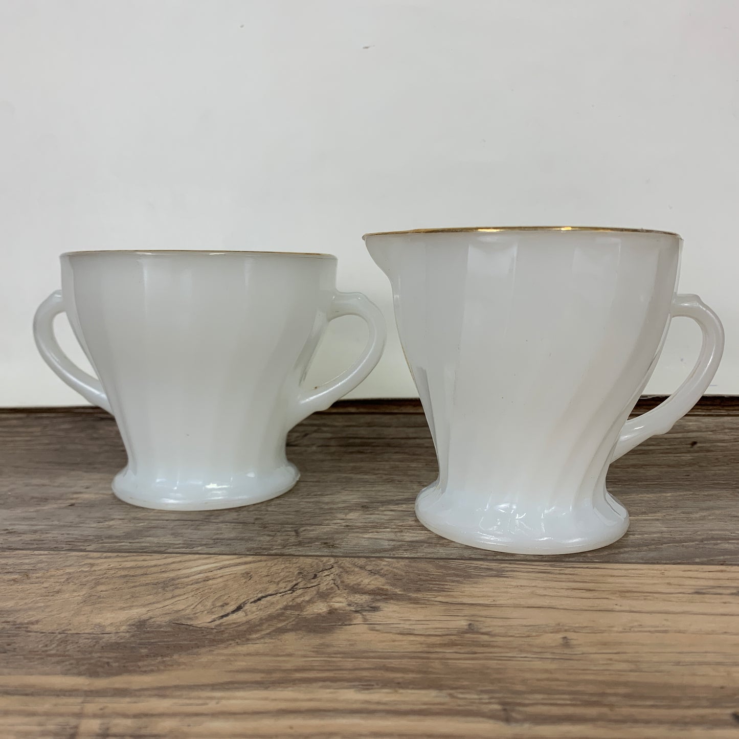 Anchor Hocking Milk Glass Creamer and Sugar, Swirled Milk Glass with Gold Trim