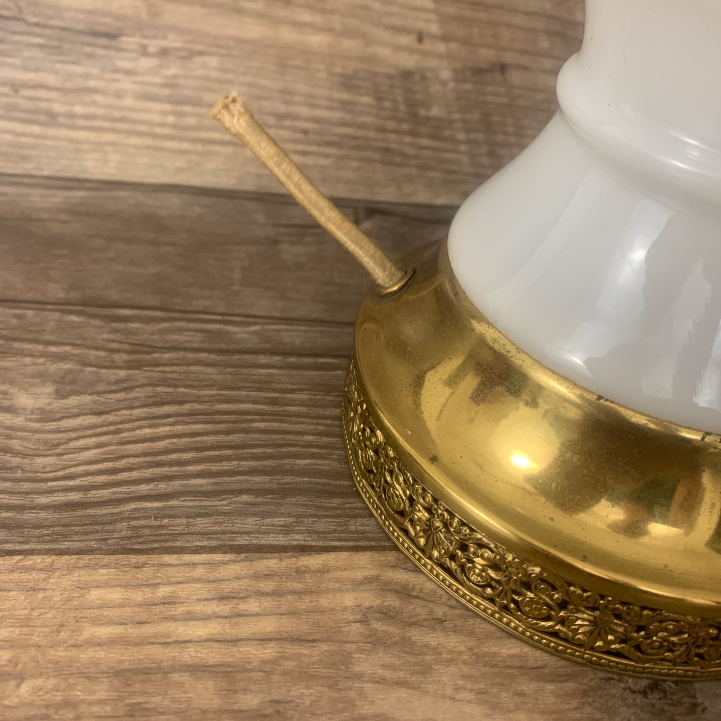 Mid Century Milk Glass Lamp, Retro Brass and White Table Lamp, Bulbous Shape