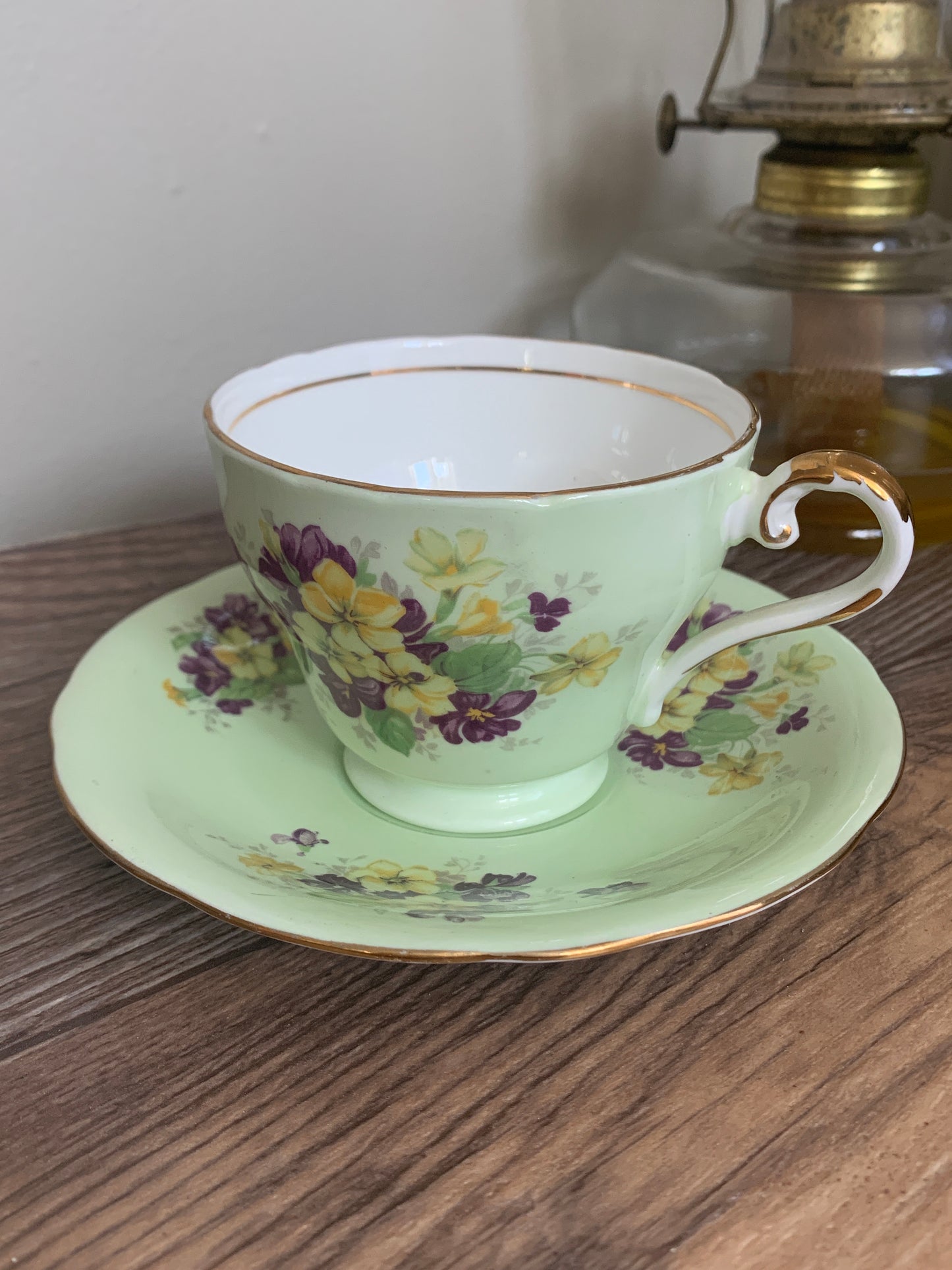 Green Vintage Teacup with Purple and Yellow Flowers Aynsley Vintage Tea Cup Mothers Day Gifts