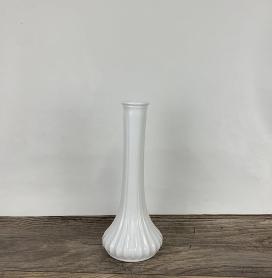 Tall White Milk Glass Bud Vase with Ribbed Pattern by Hoosier Glass