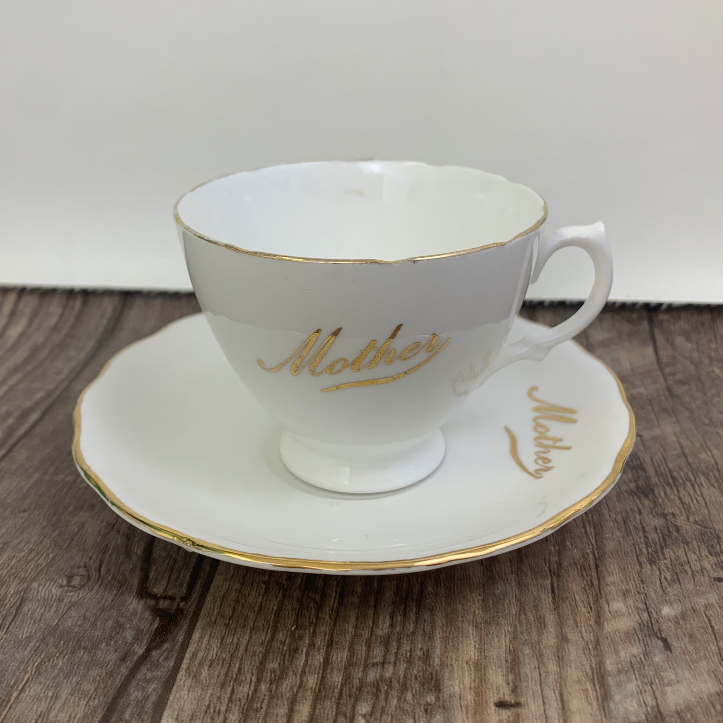 Vintage White Teacup and Saucer Mother Gold Script Vintage Colclough Tea Cup