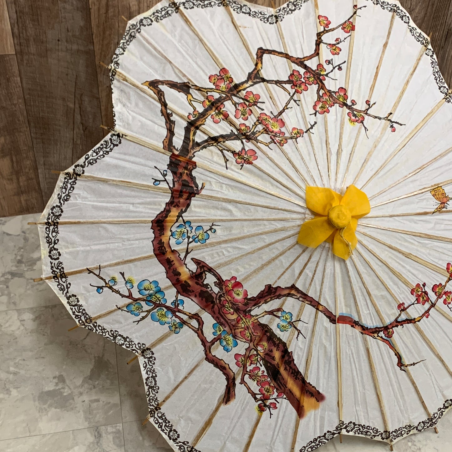 Vintage Rice Paper Parasol with Cherry Blossom Design and Scalloped Edge