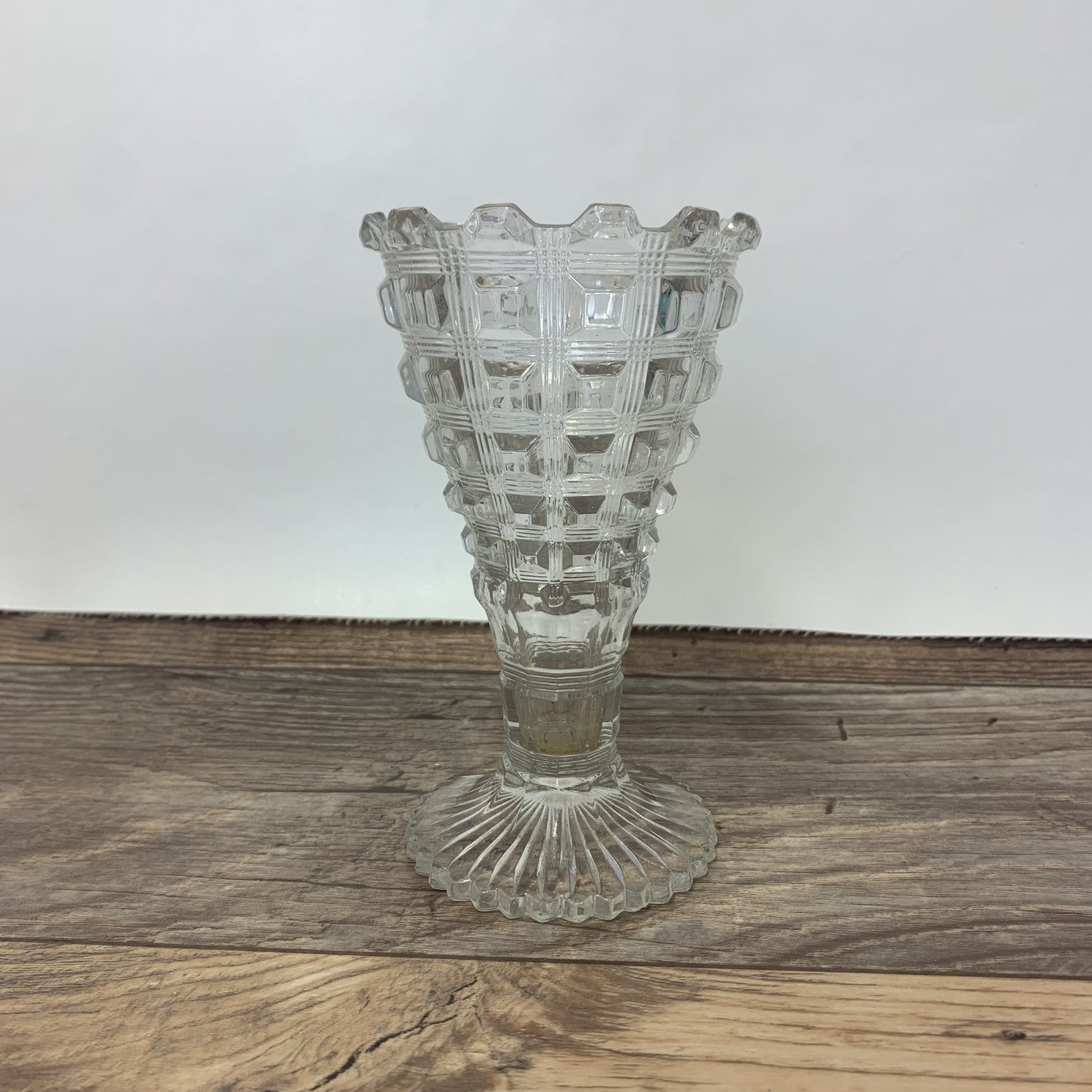 Antique Glass Vase with Square Pattern. Clear Pressed Glass Vase EAPG