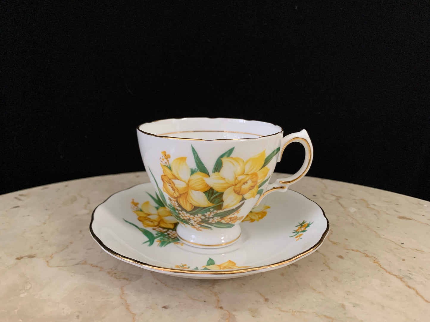 White Tea Cup with Daffodil Bouquet Vintage Floral Teacup