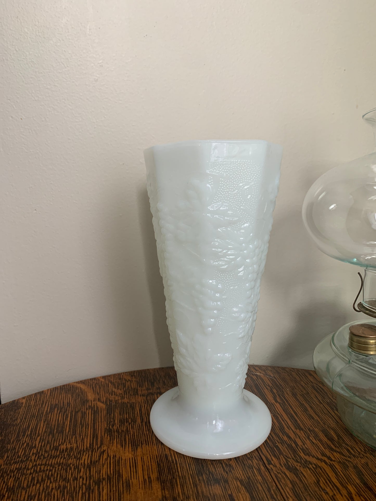 Milk Glass Vase with Raised Grape Pattern Vintage Farmhouse Milk Glass Tall Vase