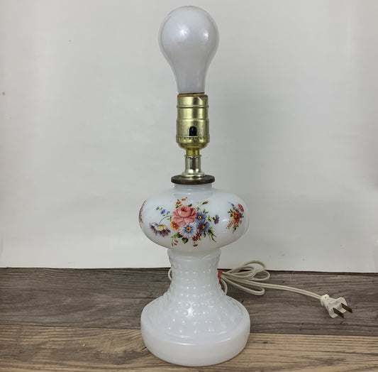Milk Glass Lamp with Pink and Blue Flowers, Vintage Milk Glass Accent Lamp