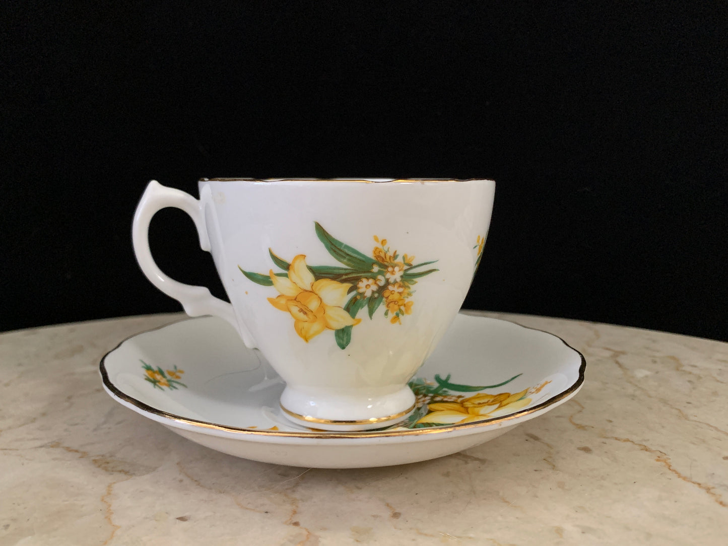 White Tea Cup with Daffodil Bouquet Vintage Floral Teacup