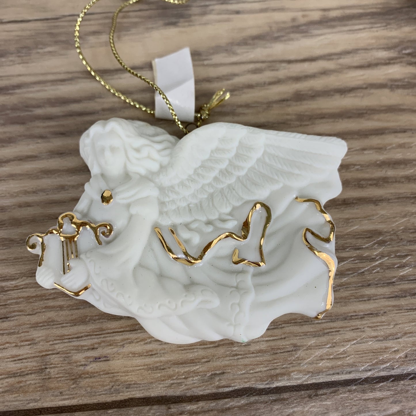 Avon Set of 3 Bisque Ornaments, Boxed Set Wreath, Angel, Sleigh White Porcelain with Gold Trim
