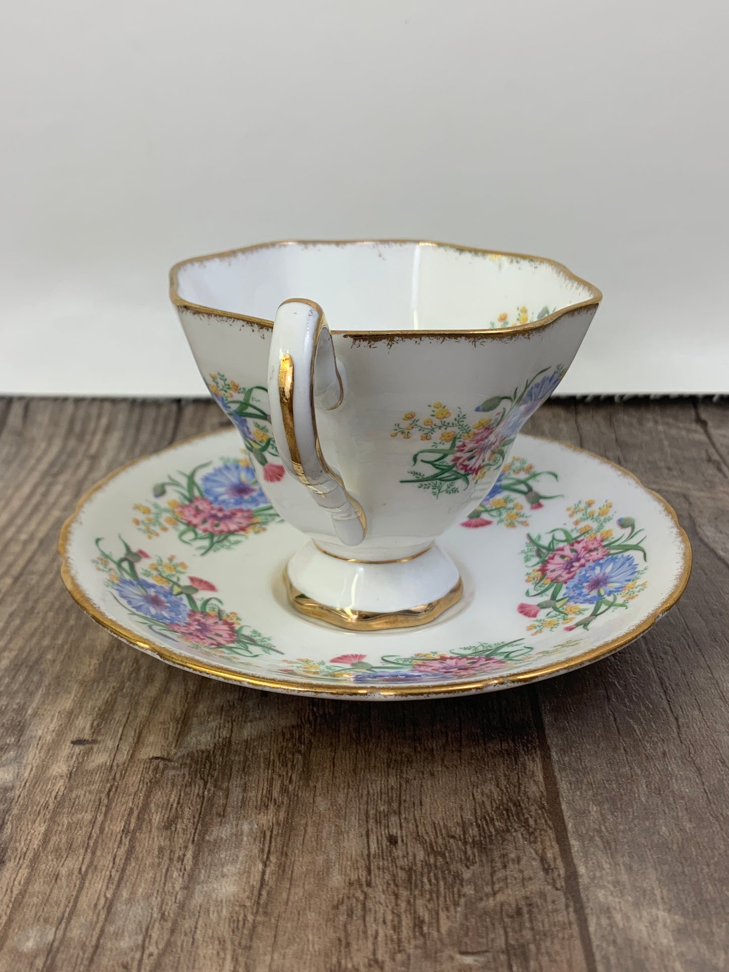 Pink and Blue Thistles Stafford Floral Tea Cup Vintage Teacup with Pink and Blue Floral Pattern