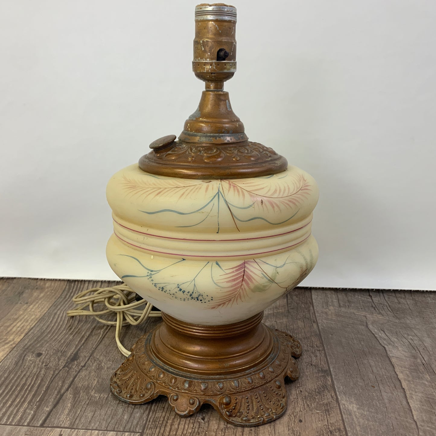 Antique Custard Glass Lamp with Cast Metal Base