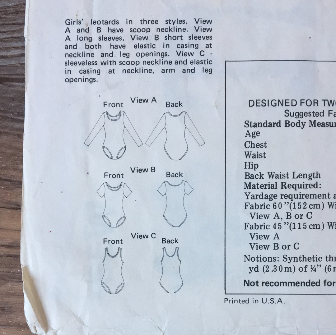 Girls Leotard with Sleeve Variations Sewing Pattern Size 8 to 14 Kwik Sew 931