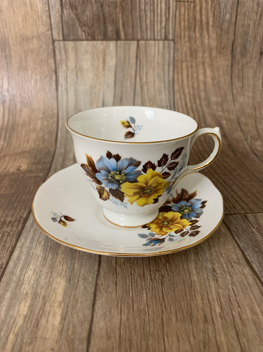 Vintage Floral Teacup Yellow and Blue Pattern Royal Vale Vintage English Tea Cup