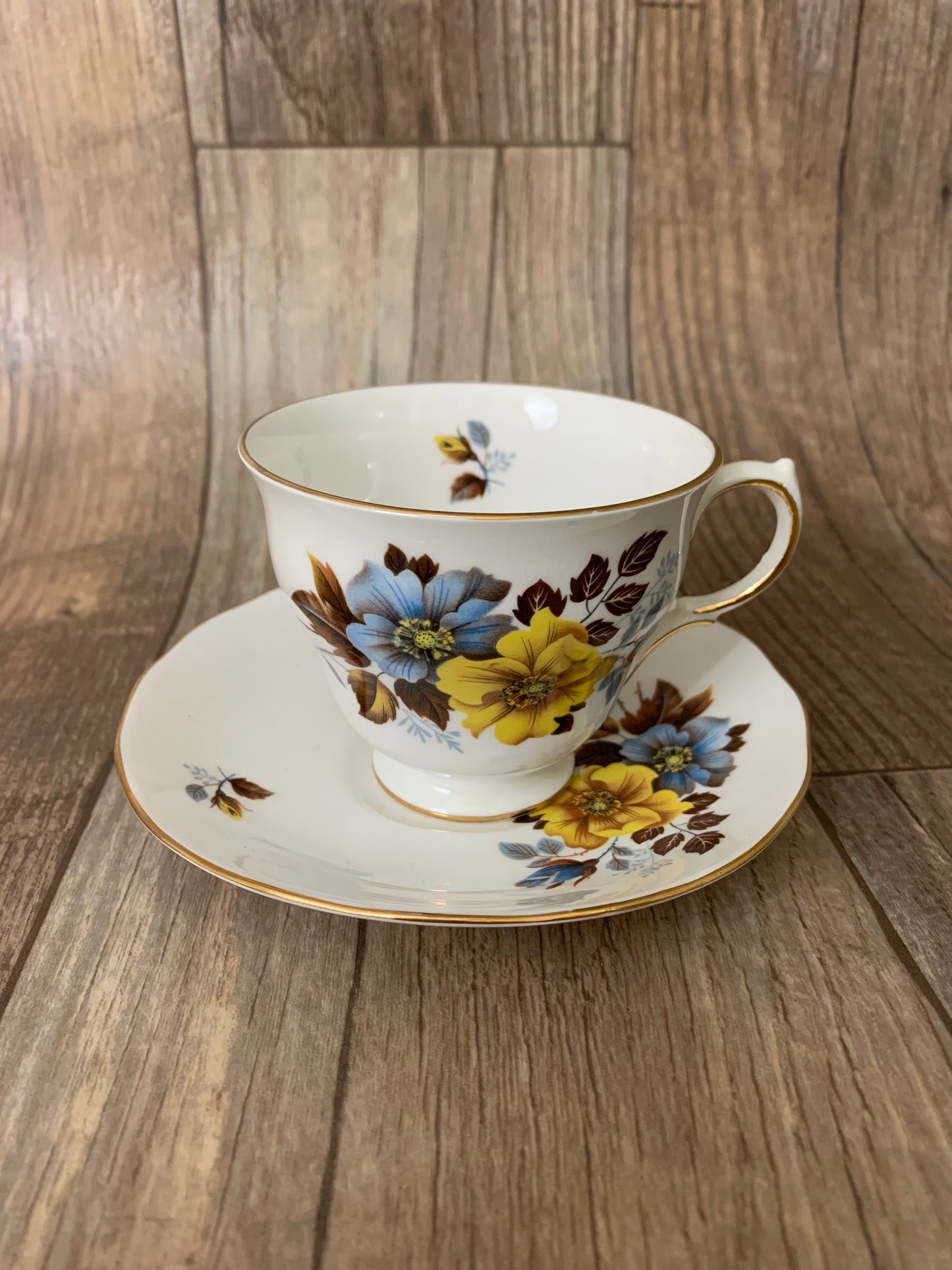 Vintage Floral Teacup Yellow and Blue Pattern Royal Vale Vintage English Tea Cup