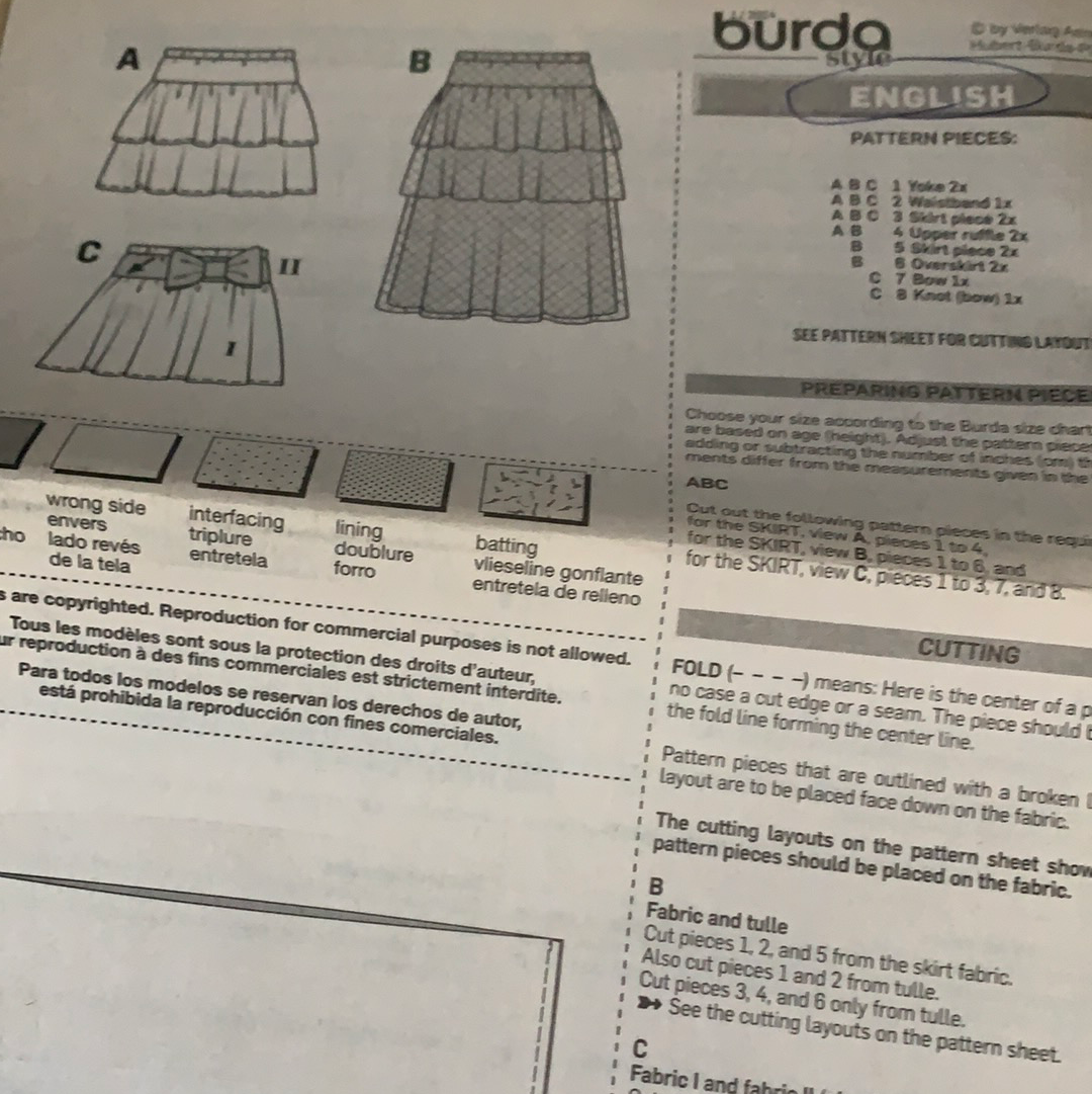 3 in 1 Kids Skirt Sewing Pattern Burda 9442 Tiered Skirt, Full Skirt, Ankle Length Skirt Pattern