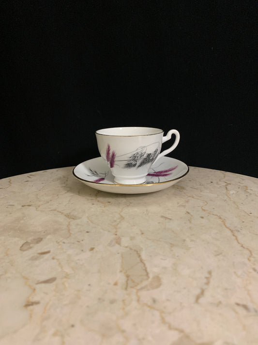 Vintage Tea Cup and Saucer with Purple Wheat Unique