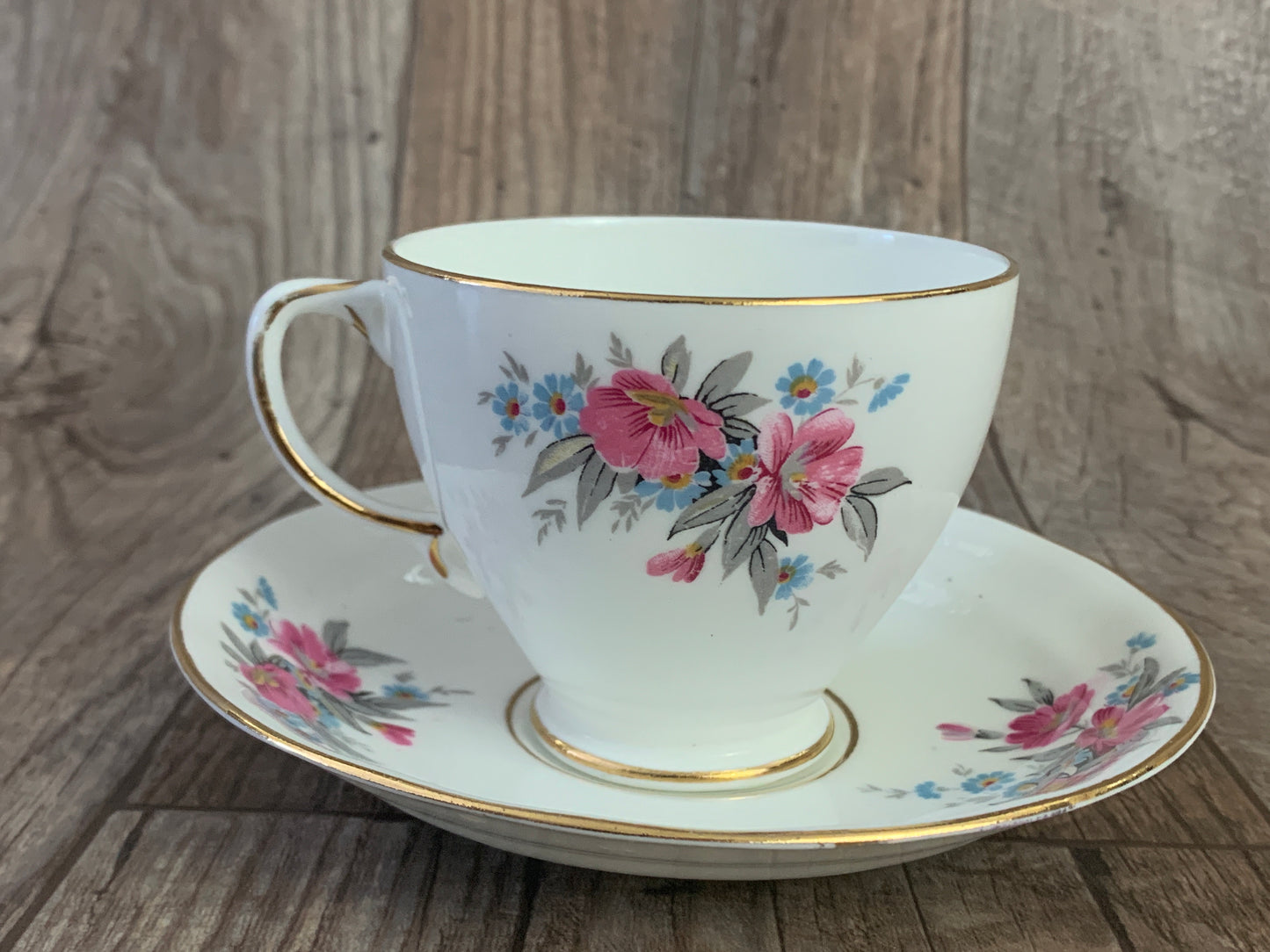 Pink and Blue Floral Vintage Teacup and Saucer Set