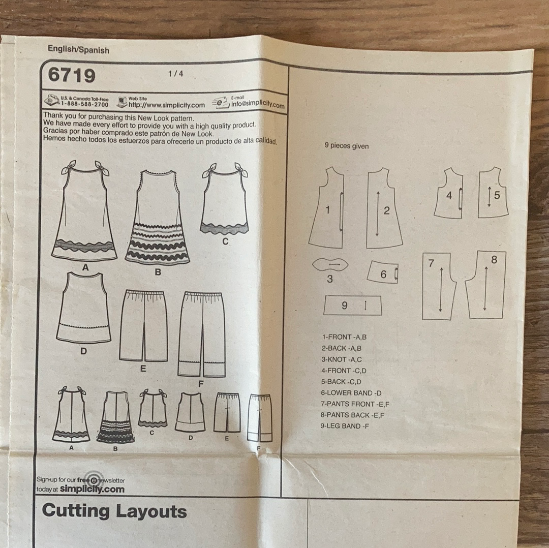 Girls Top Pants Capris Dress Sewing Pattern Size Half to 4 New Look 6719