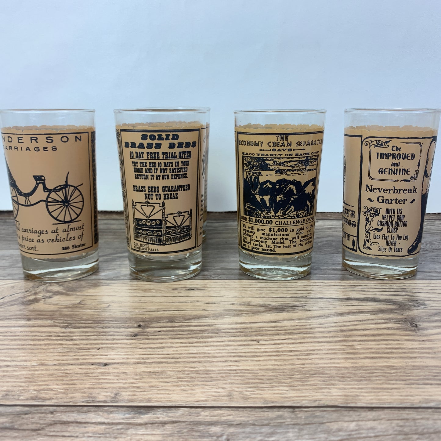 Set of 5 Vintage Juice Glasses with Antique Reproduction Advertising Posters