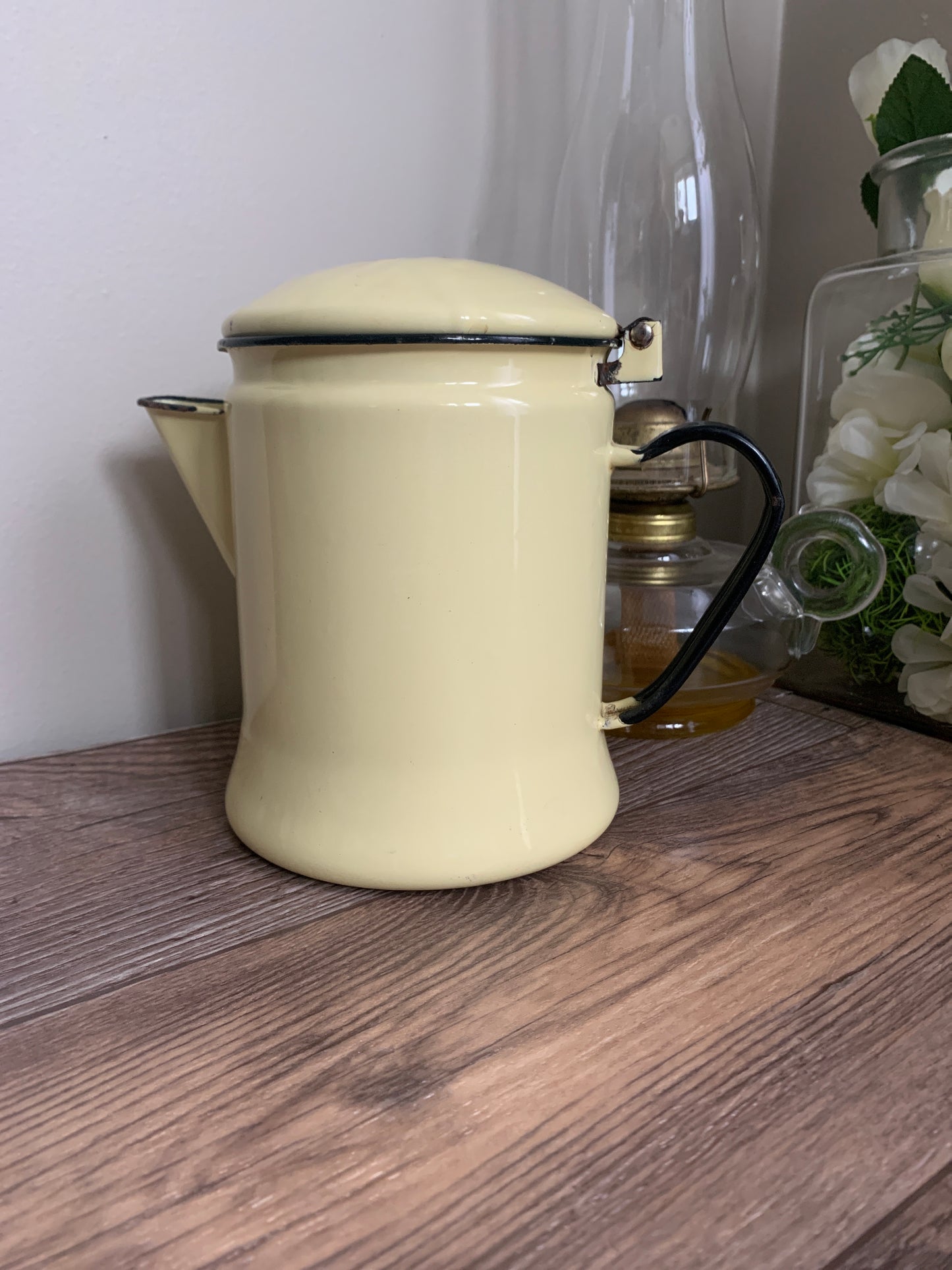 Yellow Enamel Coffee Pot Chippy Enamel  Vintage Farmhouse Decor
