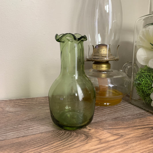 Green Blown Glass Vase, Small Glass Bud Vase with Ruffle