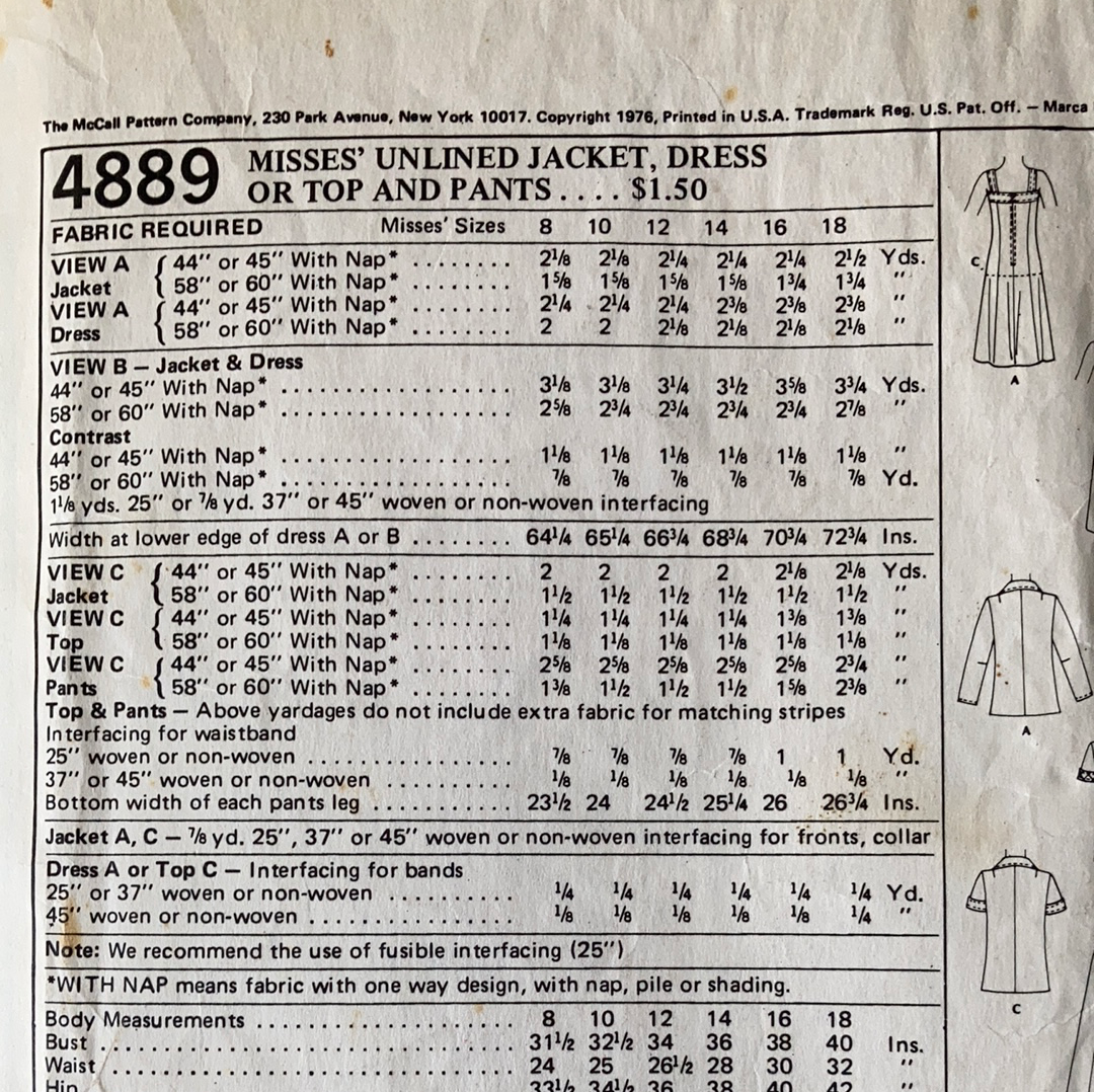 Misses Unlined Jacket Dress Top and Pants Vintage Sewing Pattern Size 12 McCalls 4889