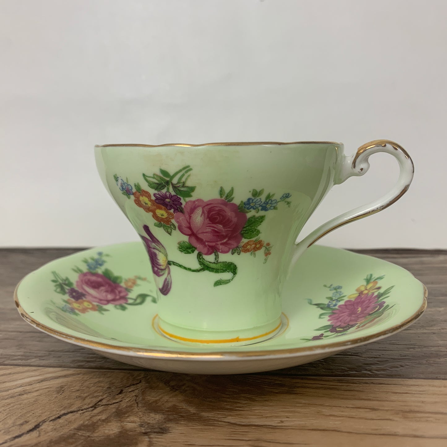 Vintage Green Floral Aynsley Teacup, Corset Shaped Teacup