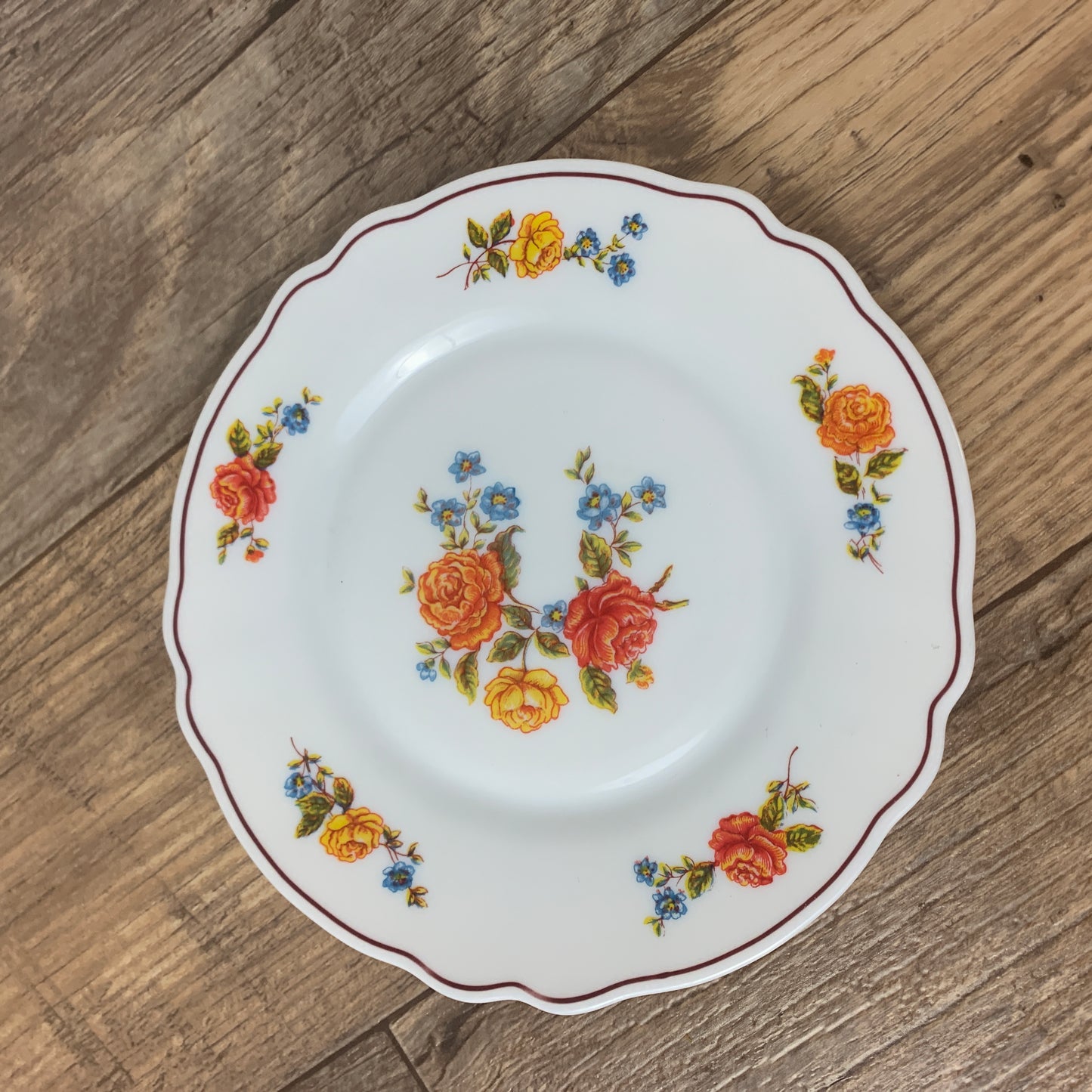 Acropal France 7.5" Salad Plate Milk Glass Plate with Orange and Blue Floral Pattern