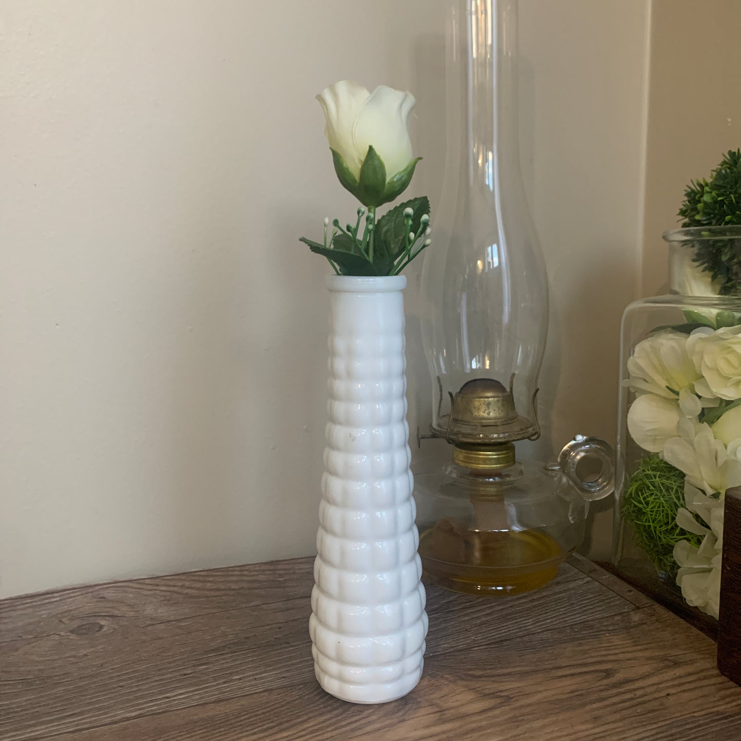 Milk Glass Bud Vase with Raised Waffle Pattern