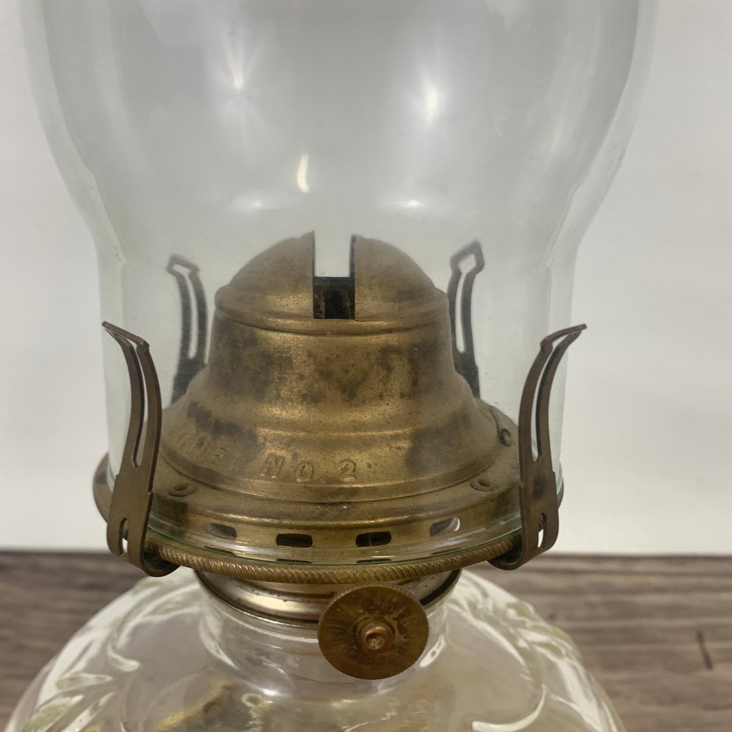 Vintage Glass Oil Lamp with Raised Design and Tall Hurricane Shade