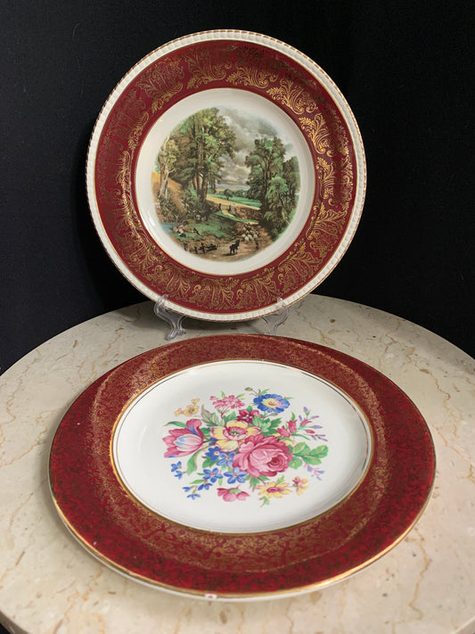 Burgundy and Gold Vintage China Wall Chargers