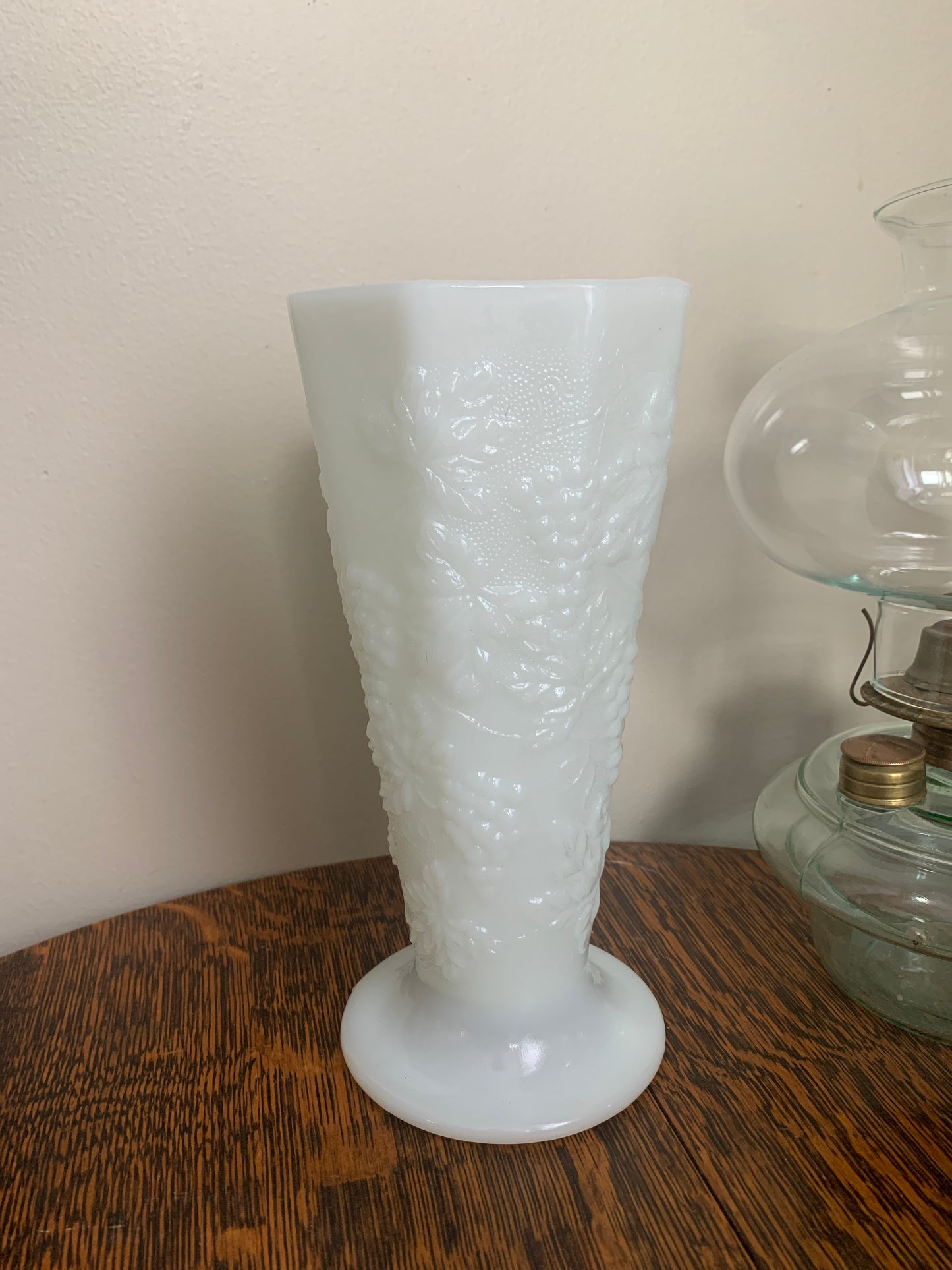 Milk Glass Vase with Raised Grape Pattern Vintage Farmhouse Milk Glass Tall Vase