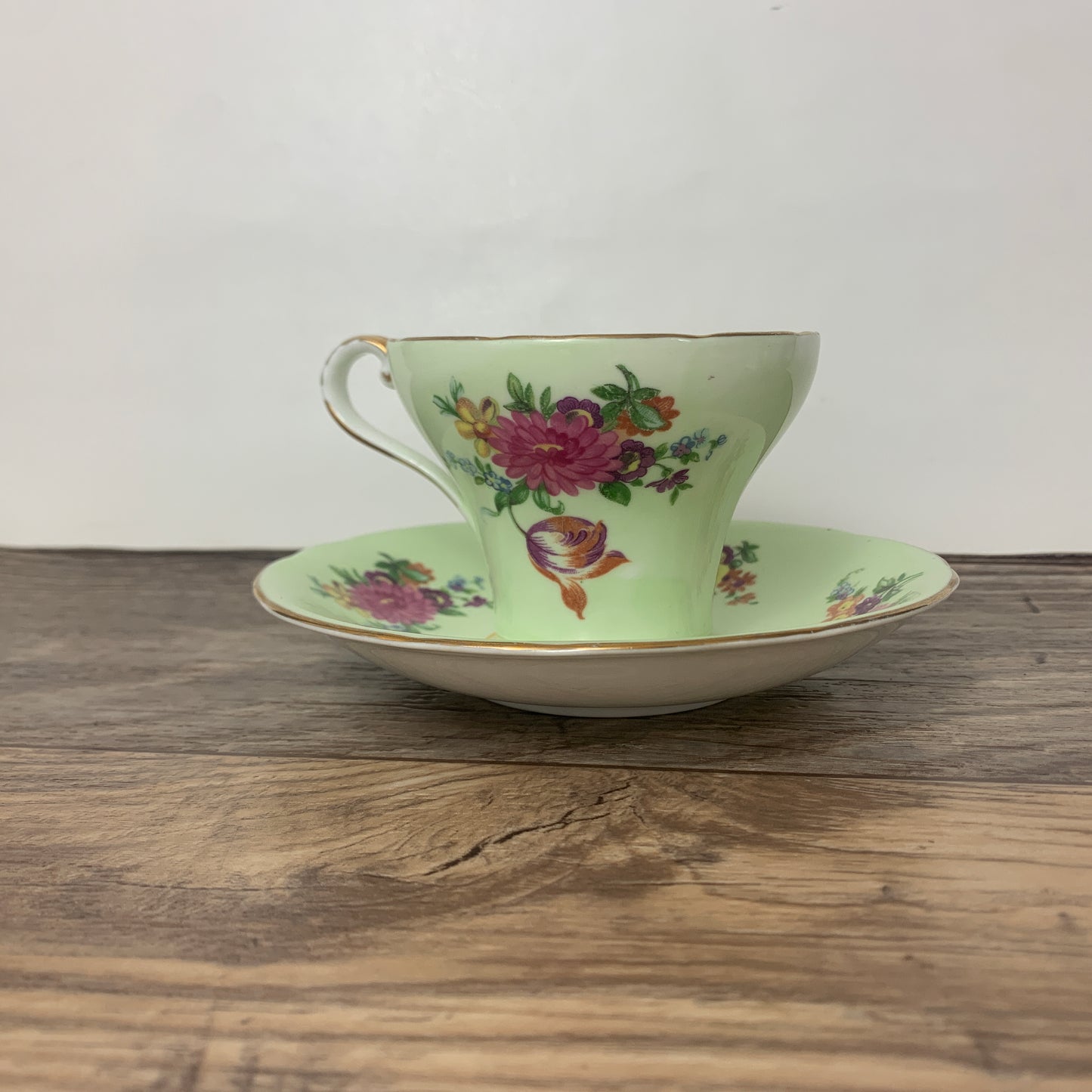 Vintage Green Floral Aynsley Teacup, Corset Shaped Teacup