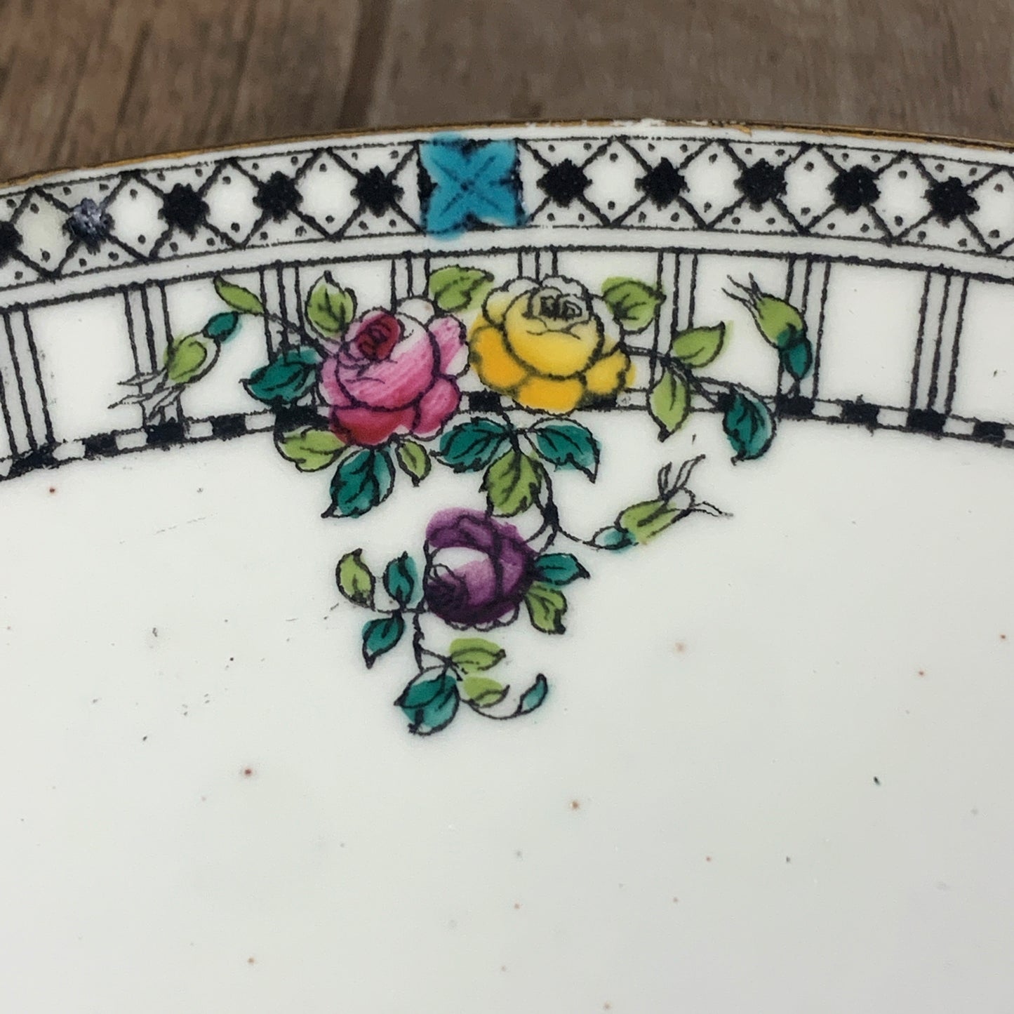 Antique Porcelain Plate with Black Border and Hand Painted Flowers Wildblood, Heath & Sons
