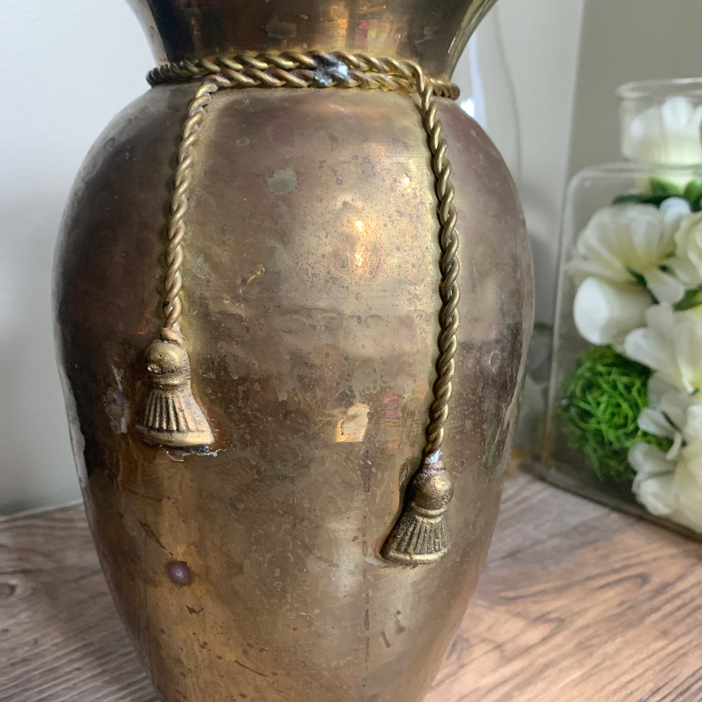 Tall Brass Vase with Tassels, Vintage Brass Planter